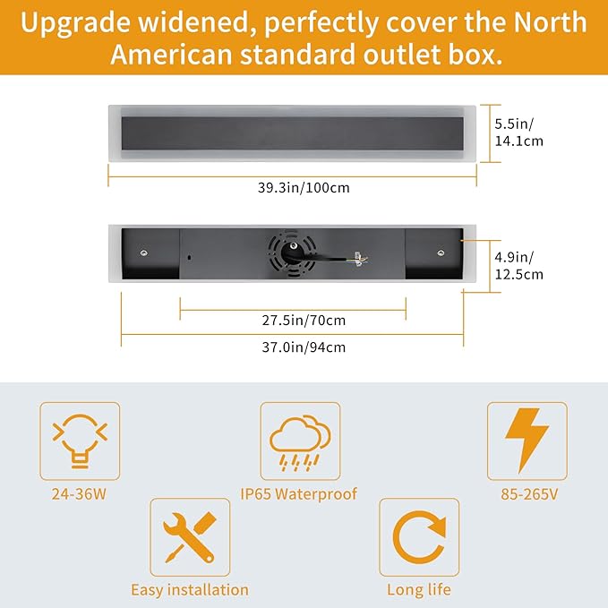 Upgrade Widened 2 Pack LED Outdoor Wall Sconce, 39.3inch Modern Minimalist Wall Mount Light, 3 Color 3000K/4500K/6000K, 36W, IP65 Waterproof, Outside Lighting Fixture for Courtyard, Balcony, Patio