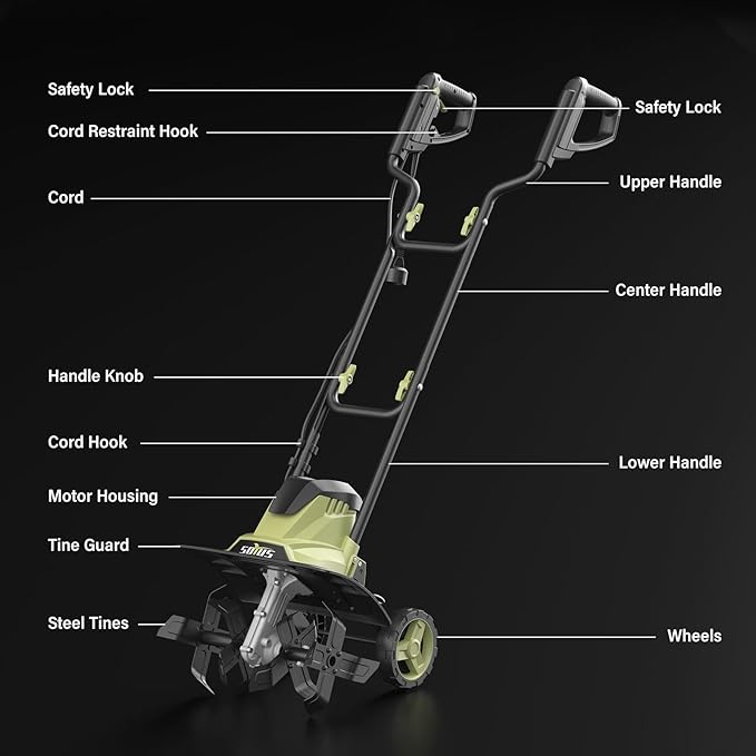 SOYUS 14 Inch Electric Tiller Cultivator 12 Amp Corded Tiller for Gardening, Garden Tiller with Folding Handle, 4 Steel Tines Wheeled Rototiller for Lawn Yard Soil Tilling