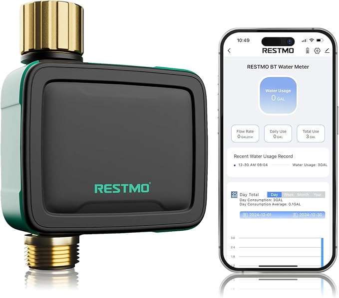 RESTMO Smart Sprinkler Timer with Flow Meter, Water Timer for Garden Hose, Brass Inlet & Outlet, Automatic Lawn & Yard Irrigation Watering System, APP Control (Bluetooth Connection, Not Include Hub)