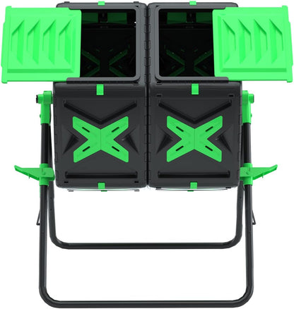 SQUEEZE master Large Dual Chamber Compost Bin Tumbler Outdoor Garden- Easy Rotating- Sturdy Steel Frame-Fast Composting (Green, 2 × 18.5 Gallon)