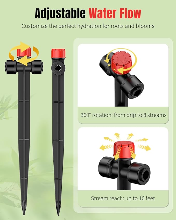 Pawfly 30 Pcs Push-to-Fit Drip Irrigation Emitters, 8-Stream Sprinklers Drip Emitters for 1/4 Inch Tubing with Stake & End Plugs, Two-Way Connection Irrigation Drippers with Adjustable Water Flow