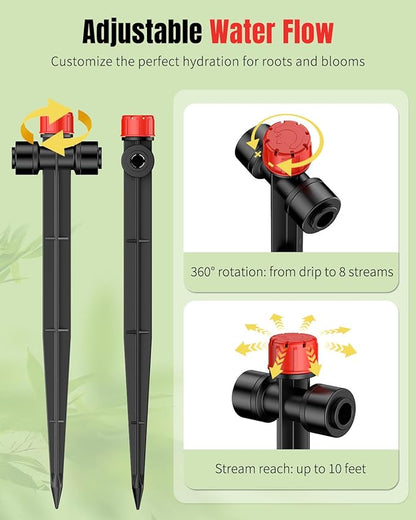 Pawfly 30 Pcs Push-to-Fit Drip Irrigation Emitters, 8-Stream Sprinklers Drip Emitters for 1/4 Inch Tubing with Stake & End Plugs, Two-Way Connection Irrigation Drippers with Adjustable Water Flow