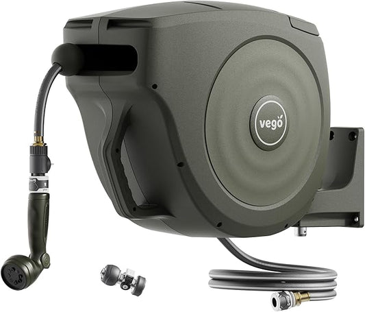 Vego Garden Hose Reel Retractable Hi-Flow Wall Mounted Hose Reel Automatic Rewind, Any Length Lock with 9 Patterns Sprayer Nozzle, Quick Connector and Adjustable shot Nozzle (Seaweed Green, 82ft)