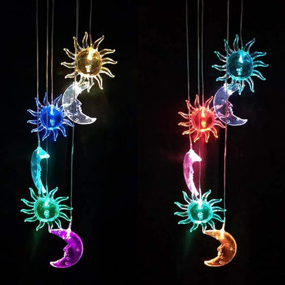 Solar Sun and Moon Wind Chimes Outdoor - Waterproof Mobile Romantic Changing Light Color Wind Chime, Sun Moon Windchimes for Xmas Mom Gifts, Home, Party, Festival Decor, Night Garden Decoration