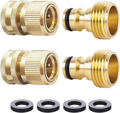 HQMPC Garden Hose Quick Connect Solid Brass Quick Connector Garden Hose Fitting Water Hose Connectors Garden Hose Disconnect 3/4 inch GHT (2Sets) (2Female+2Male)