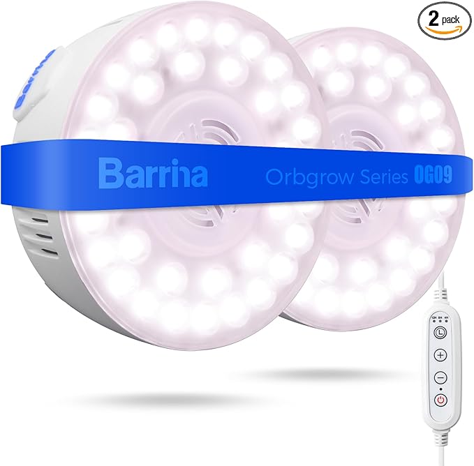 Barrina Orbgrow OG09 Puck Grow Light with Timer, Pinkish White 18W(2 x 9W, 270 Watt Equiv), Full Spectrum Plant Light for Indoor Plants, Magnetic & Linkable, 5 Levels Dimmable for Plant Shelf, 2 Packs