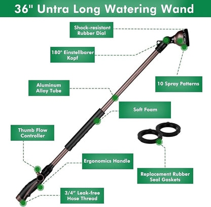 RESTMO 36”Long Watering Wand, 180° Swivel Head Metal Garden Hose Wand with 10 Spray Patterns, 3ft Heavy Duty Hose Nozzle Sprayer with Thumb Flow Control, Ideal to Water Hanging Baskets, Shrubs