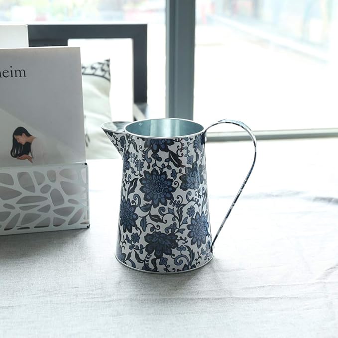 Shabby Chic Watering Can Galvanized Finish Metal Vase Country Rustic Pitcher Primitive Jug Decorative Flower Holder, 7.1" H