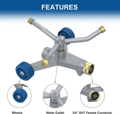 Sprinklers for Yard, 3-Arm Metal Sprinkler with Wheel Base, 360-degree Automatic Rotary Lawn Sprinkler System for Garden Yard