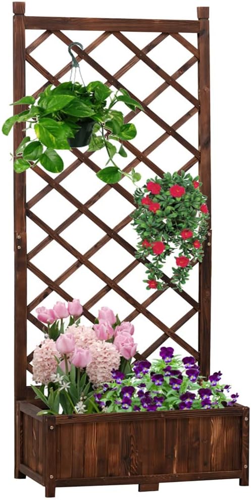 Anraja Raised Garden Bed Planter with Trellis Outdoor Wood Box 67in Flower Standing Planter Box Privacy Lattice Panels with Legs for Patio Porch w/Drainage Holes 29.5" L x 17.0" W x 67.0" H