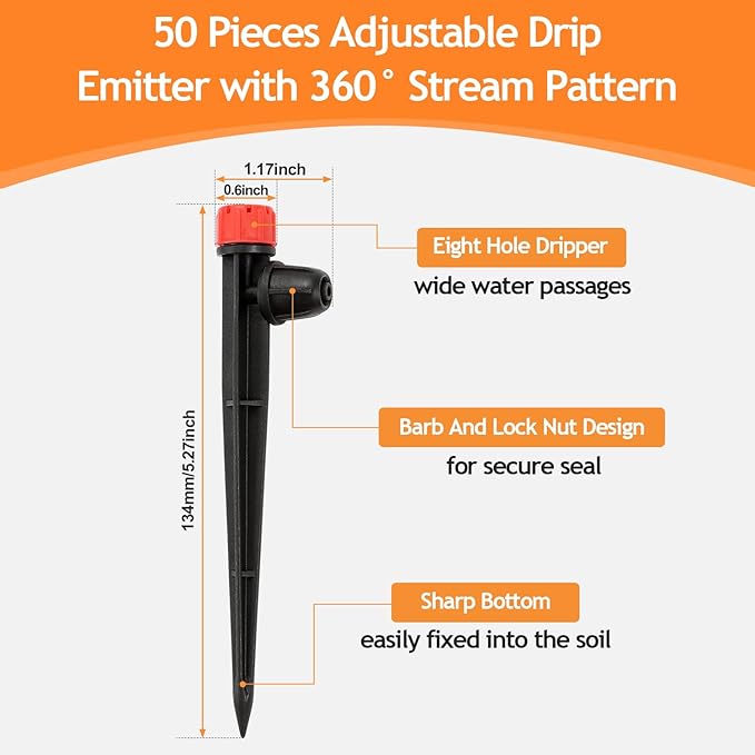 50pcs Drip Emitters for 1/4" Irrigation Tubing, Easy Connect Adjustable 360 Degree Water Flow Sprayer On 5" Stake for 4/7mm Tube Locked Drippers for Garden, Flower, Plant
