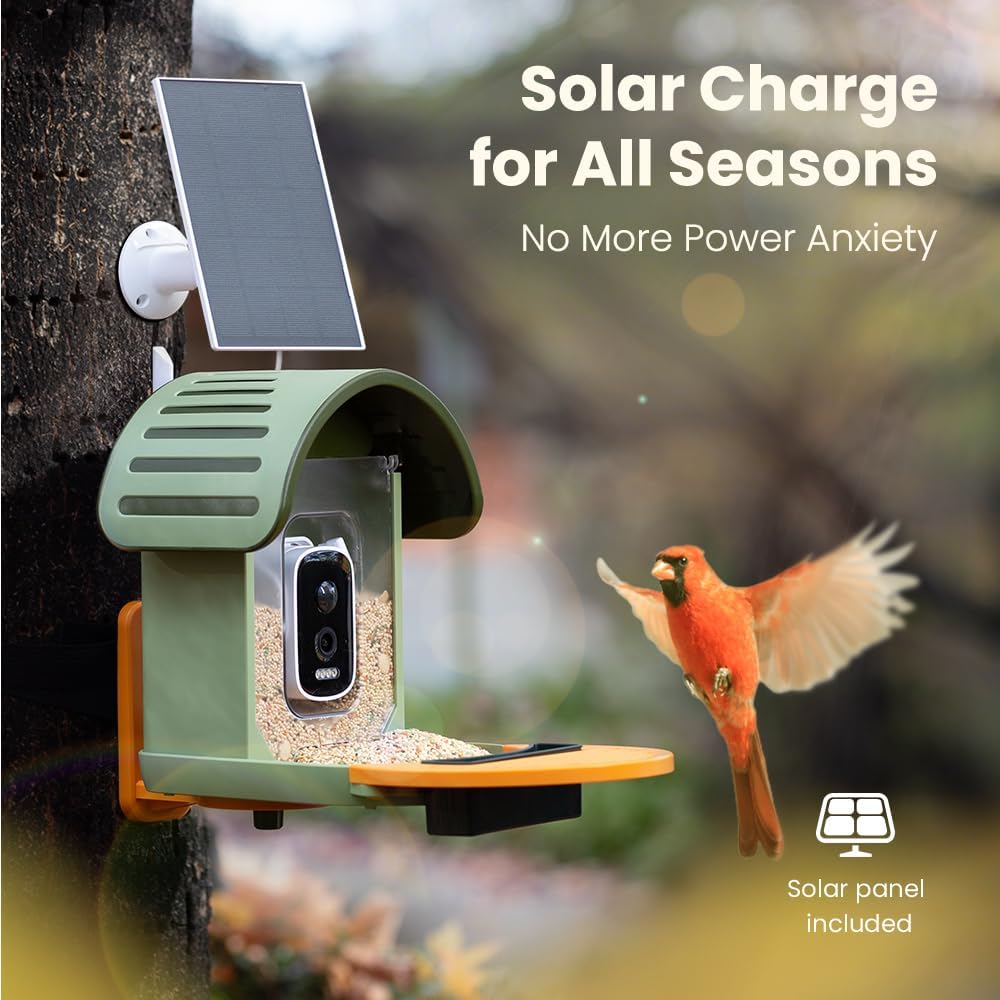 Smart Bird Feeder with Camera, 2.5K UHD Bird Feeder Camera Solar Powerd, Sensitive AI Identification, Instant Alerts Capture Video, IP66 Waterproof for Outdoor, Ideal Gift, Green