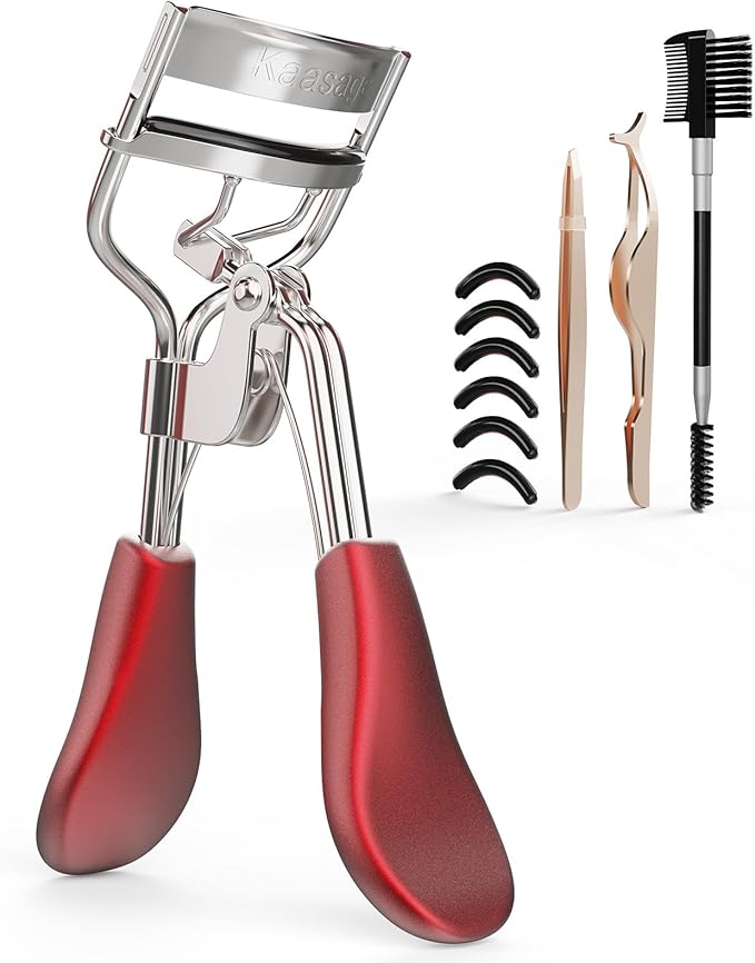 Kaasage Eyelash Curler for Lift and Curl, Professional Stainless Steel Makeup Eyelash Tool with Ergonomic Handle & 6 Replacement Pads for Long-Lasting Results