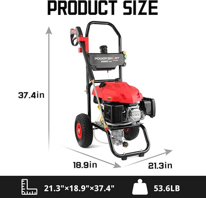 PowerSmart Gas Pressure Washer - 3300 PSI, 2.5 GPM with Onboard Soap Tank, Spray Gun & Wand, and 5 Nozzles - Perfect for Cleaning Cars, Fences, Driveways, Homes, Patios & Furniture