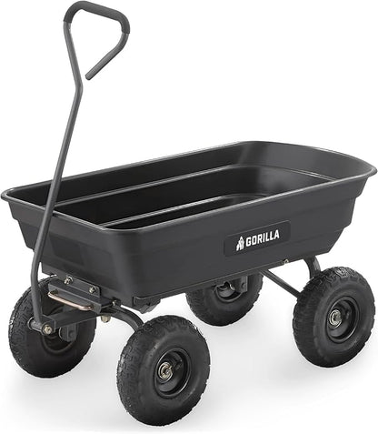 Gorilla Carts Poly Garden Dump Cart, 4 Cu Ft Tub, 600 lb Haul Capacity, Black – Heavy-Duty Utility Wagon with Quick-Release Dumping & Pneumatic Tires for Yard, Landscaping and Gardening