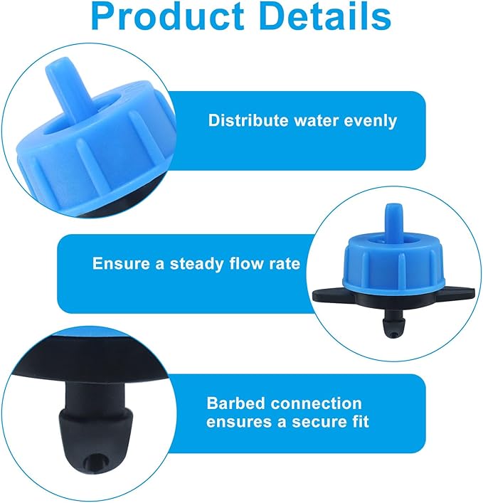 50 Pack 1/2 GPH Pressure Compensating Drip Irrigation Emitters, Premium Plastic Drip Sprinklers for 1/4" Tubing for Indoor/Outdoor Plants, Gardens & Landscapes