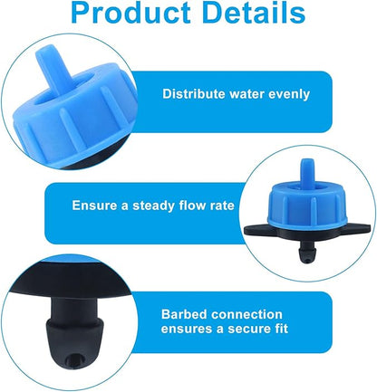 50 Pack 1/2 GPH Pressure Compensating Drip Irrigation Emitters, Premium Plastic Drip Sprinklers for 1/4" Tubing for Indoor/Outdoor Plants, Gardens & Landscapes