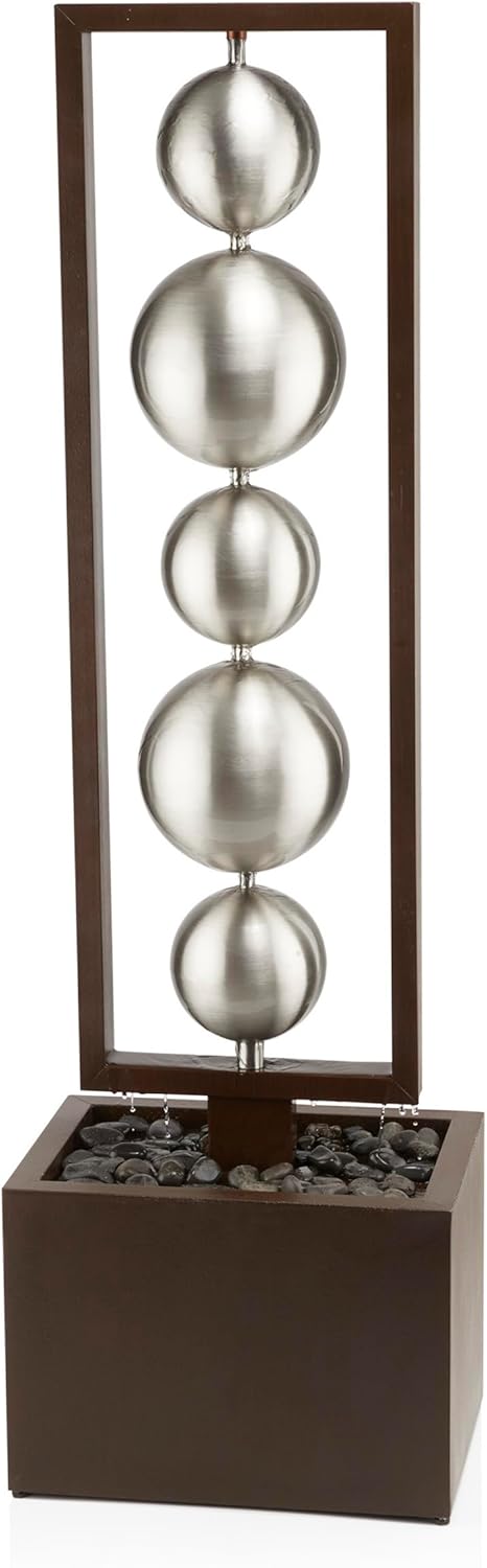 Alpine Corporation CPS194 Outdoor Modern Column Water Floor Fountain with Stainless Steel Orbs, 55" H, Brown