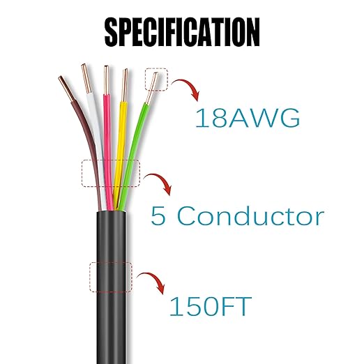 18/5 Sprinkler Wire, 150 ft, 6.3 mm, Black, PVC, Pure Copper, UV Resistant, Easy Install, Suitable for Solid Sprinkler Systems