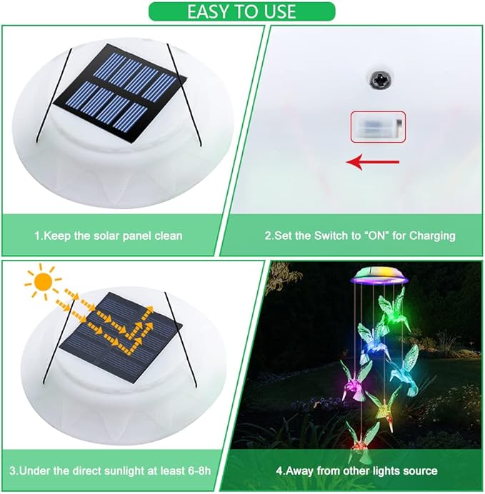 Fohil Solar Hummingbird Wind Chimes, Color Changing Solar Wind Chimes for Outside, LED Waterproof Solar Powered Hanging Lights Outdoor Valentine Decorations, Gifts for Women Mom Grandma