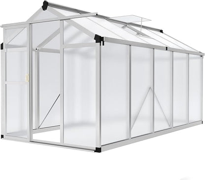 Garvee 6x10 ft Greenhouse - Aluminum Greenhouses for Outdoors, Large Polycarbonate Greenhouse with Roof Vent, Heavy Duty Walk-in Green Houses for Outside Garden, Backyard, Patio, Lawn, Easy Assembly