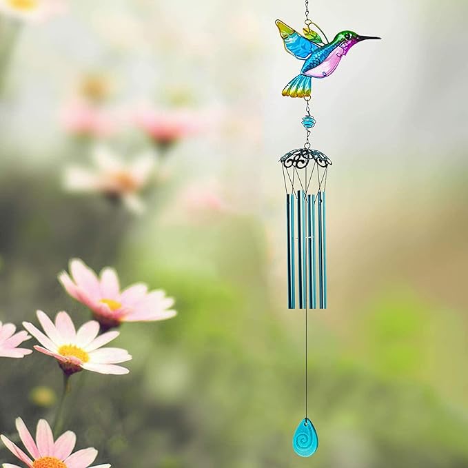 Hummingbird Wind Chimes, Wind Chimes for Outdoor, 26" Glass Painted Mobile Romantic Chimes, Patio, Balcony, Garden Decoration, Lifelike Hummingbird Deep Tone Style, Gifts for Mom