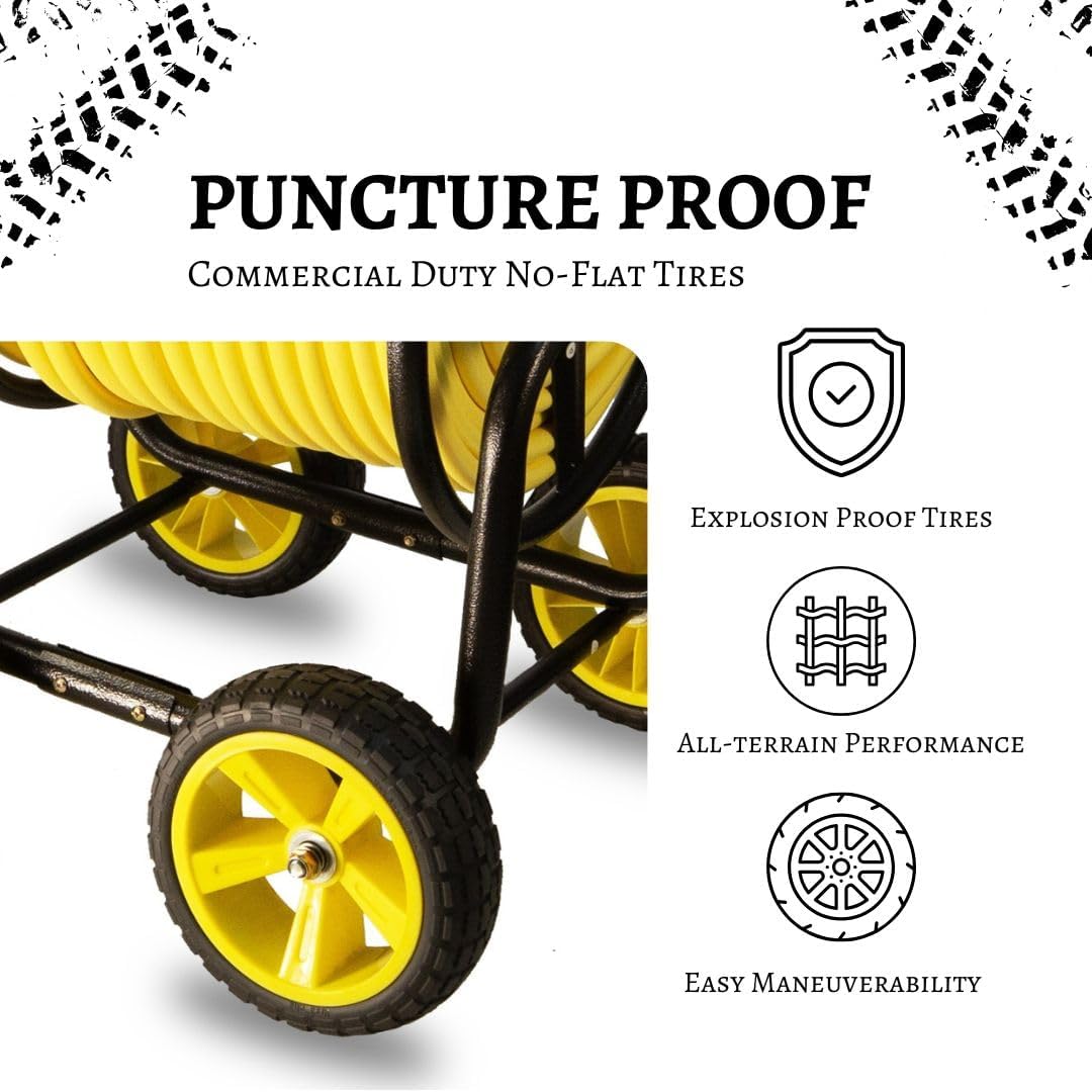Heavy Duty Hose Reel Cart, Commercial Hose Reel with Wheels, Outdoor Water Hose Cart for Backyard, Farm & Ranch, or Contractor Use, Metal Hose Carts (4-Wheel, 400ft Capacity)