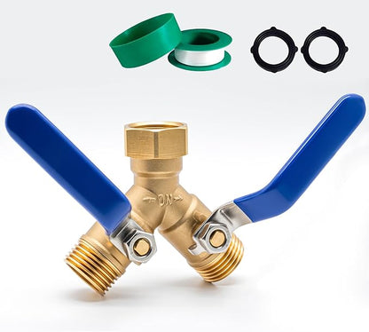Brass Hose Splitter 2 Way Heavy Duty Garden Hose Splitter with 304 Stainless Steel Long Handle Outdoor Full Flow Hose Splitter Connector Brass Y-Valve Water Garden Hose Adapter 3/4" GHT Threads