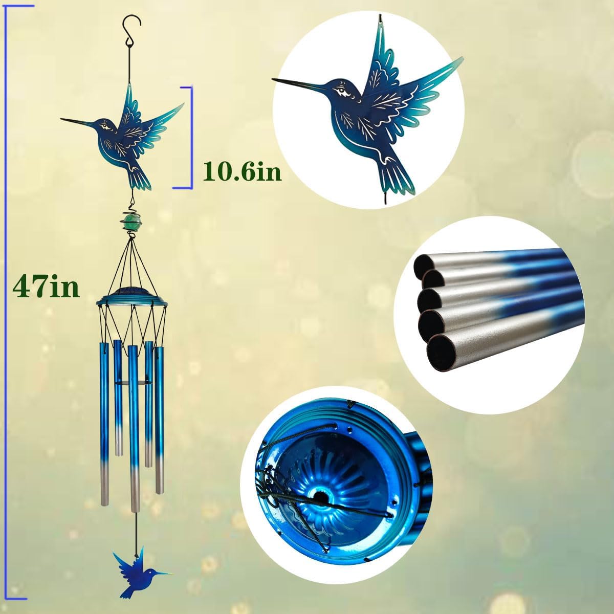Outdoor Wind Chimes Hummingbird Metal WindChimes Gift for Outside/Indoors, Home, Lawn, Porch, Patio, Garden Decor, Yard Decoration (Bule Hummingbird)