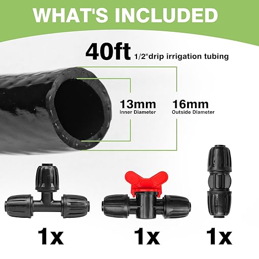 40 FT 1/2 inch Drip Irrigation Irrigation kit Main Line Supply Hose Tube for Garden Irrigation System (Includes 1/2"" Straight Connector, 3-Way Connector, Switch Valve), Black