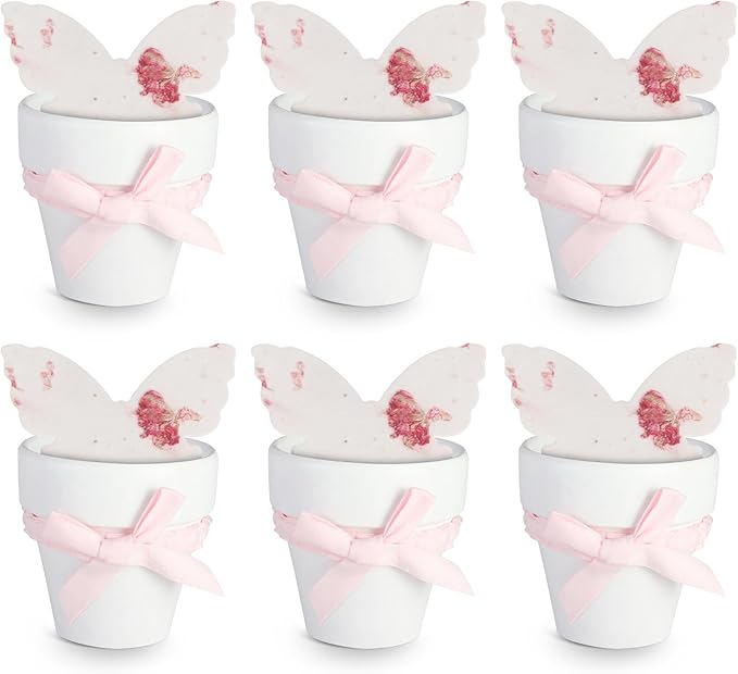 Set of 6 Seed Paper – 6 Pink Butterflies & 6 White Pots with Bow for Baby Shower, Gender Reveal, Birthday, & Other Milestone Celebrations