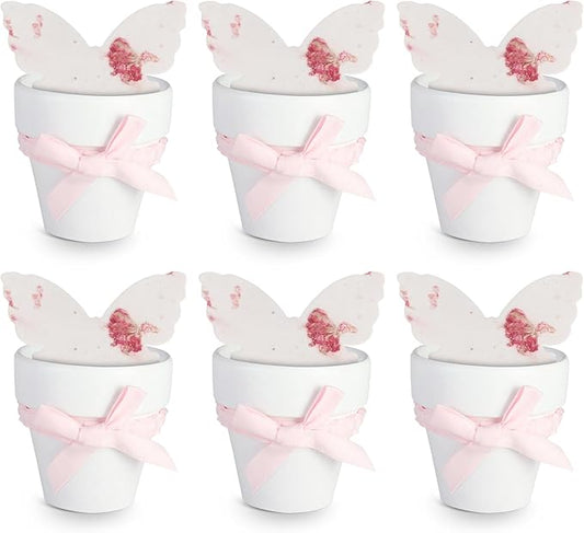 Set of 6 Seed Paper – 6 Pink Butterflies & 6 White Pots with Bow for Baby Shower, Gender Reveal, Birthday, & Other Milestone Celebrations