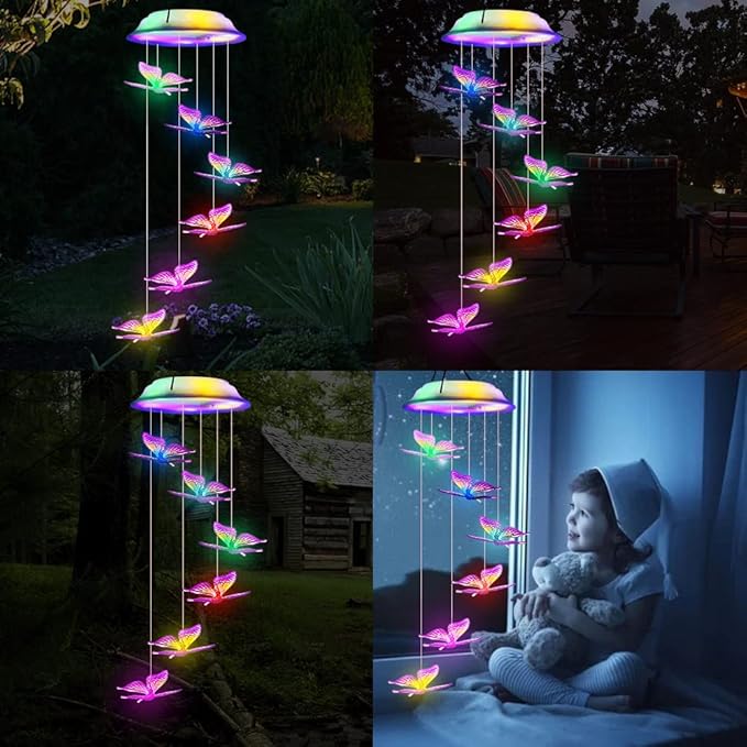Fohil Solar Butterfly Wind Chimes, Color Changing Solar Wind Chimes for Outside, LED Waterproof Solar Powered Hanging Lights Outdoor Valentine Decorations, Gifts for Women Mom Grandma
