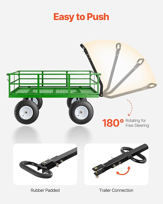 VEVOR 1200 Lbs Steel Garden Cart, Heavy Duty Pullable Garden Wagon Yard Cart, 2 in 1 Outdoor Metal Utility Wagon Yard Trailer with 13" All Terrain Tires, Mesh Removable Sides and 180°Rotating Handle