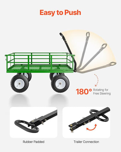 VEVOR 1200 Lbs Steel Garden Cart, Heavy Duty Pullable Garden Wagon Yard Cart, 2 in 1 Outdoor Metal Utility Wagon Yard Trailer with 13" All Terrain Tires, Mesh Removable Sides and 180°Rotating Handle