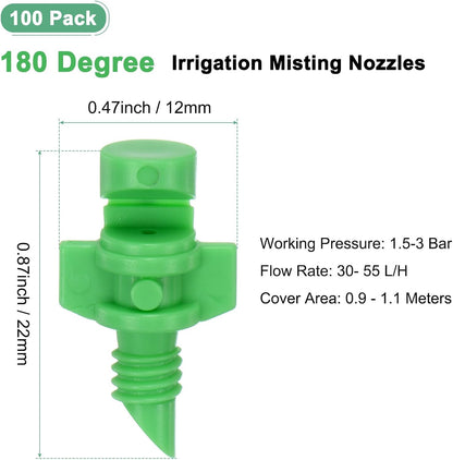 100-Pack Misting Nozzles, 180 Degree Irrigation Emitter Sprinklers for Garden/Plant/Lawn Water Irrigation System Barbed Refraction Atomizing Dripper [Green]