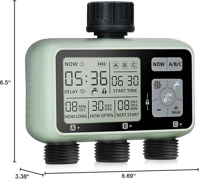 Sprinkler Timer,Auto&Manual Mode, Rain Delay Mode Water for Garden Hose Outdoor IPX5 Waterproof Irrigation Timer 3 Zone for Yard, Lawns and Pool