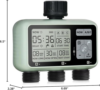 Sprinkler Timer,Auto&Manual Mode, Rain Delay Mode Water for Garden Hose Outdoor IPX5 Waterproof Irrigation Timer 3 Zone for Yard, Lawns and Pool