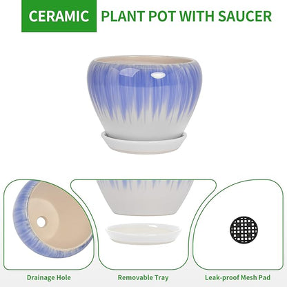 Deep Dream 8 Inch Plant Pots- Ceramic Pots for Plants with Drainage Hole and Saucer, Large Planter Pot for Indoor Plants Outdoor Decor, White&Blue