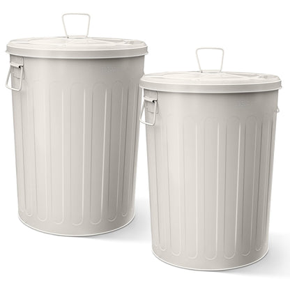 Plexon 2 Pack 20-Gallon Beige Galvanized Steel Round Trash Can with Lid Powder Coated Metal, Indoor and Outdoor Use, Durable Construction, Retro Design, Stylish