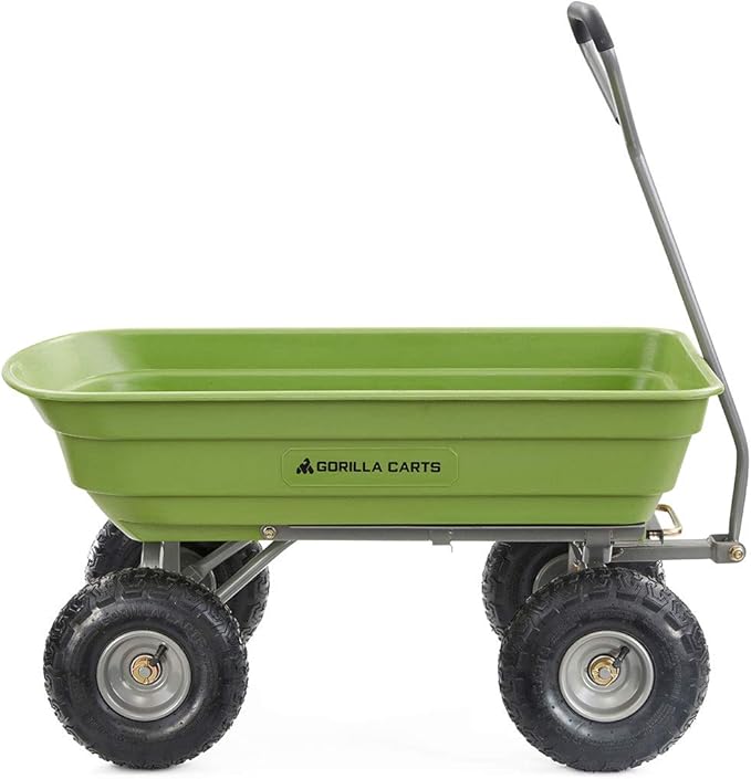 Gorilla Carts Poly Garden Dump Cart, 4 Cu Ft Tub, 600 lb Haul Capacity, Green – Heavy-Duty Utility Wagon with Quick-Release Dumping & Pneumatic Tires for Yard, Landscaping and Gardening