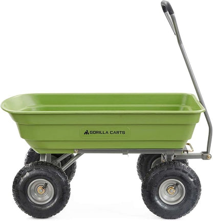 Gorilla Carts Poly Garden Dump Cart, 4 Cu Ft Tub, 600 lb Haul Capacity, Green – Heavy-Duty Utility Wagon with Quick-Release Dumping & Pneumatic Tires for Yard, Landscaping and Gardening