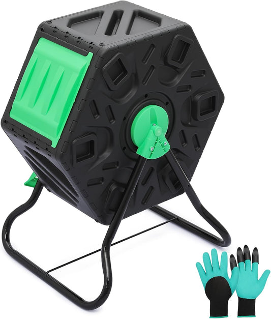 MoNiBloom 17 Gallon Single Compost Tumbler, BPA Free Outdoor Light Weight Compost Bin w/Sliding Door, All-Season Fast Working Rotating Chamber Composters for Garden Patio