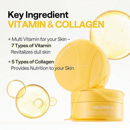 Mediheal Vita Collagen Under Eye Patches for - Korean Hydrogel Eye Pads (60 patches) with 7 Vitamin & 5 Micro Collagen. Moisturizng & Non Irritating Eye Gel Mask. Sealing Cap Included.