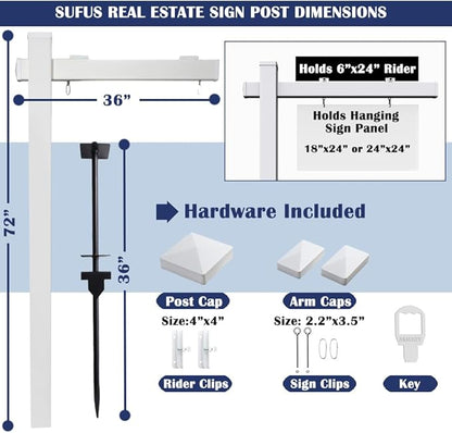 Vinyl PVC Real Estate Sign Post 6' Tall (4"x 4"x 72"), Realtor Yard Sign Post with Flat Cap for Open House and Home for Sale, 36" Arm Holds Up to 24" Sign, White (No Sign)