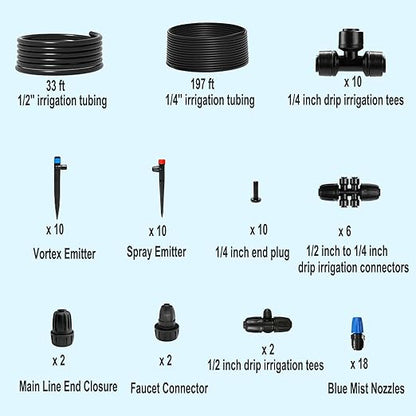 Drip Irrigation System for Garden, 230 ft Garden Watering System Drip Irrigation Kit, with 1/4" & 1/2" Tubing and 20pcs Sprinklers for Lawn Yard Flower Green Houses Plants