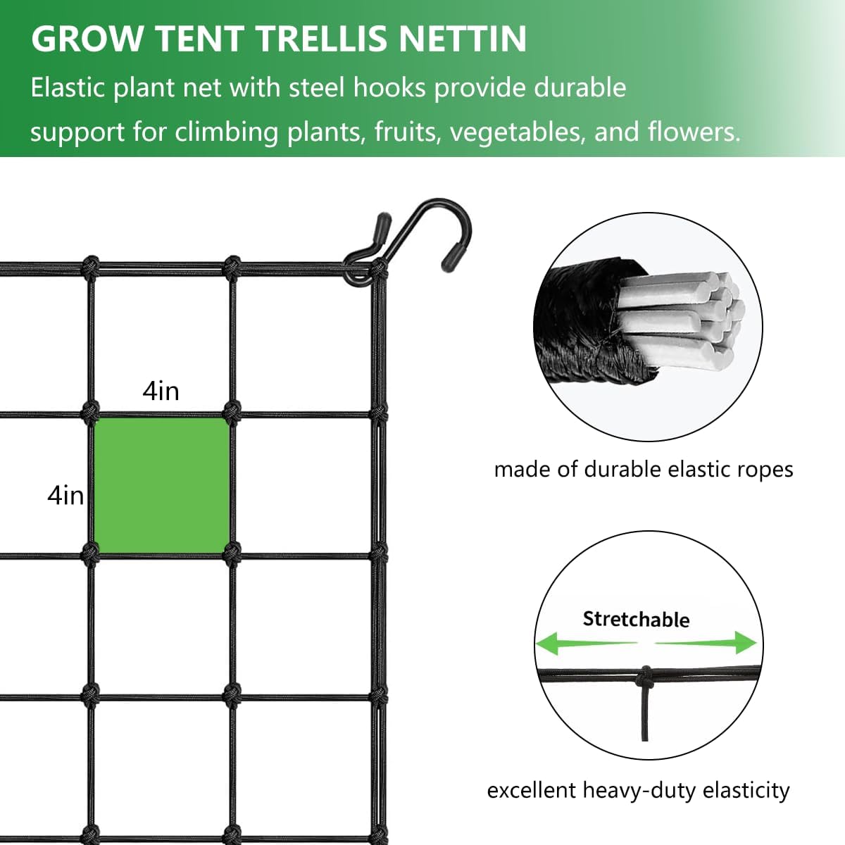 Elastic Trellis Netting, 2x2FT, Heavy-Duty, Black, Square, Polyester, Garden Netting, Climbing Plant Support Structure
