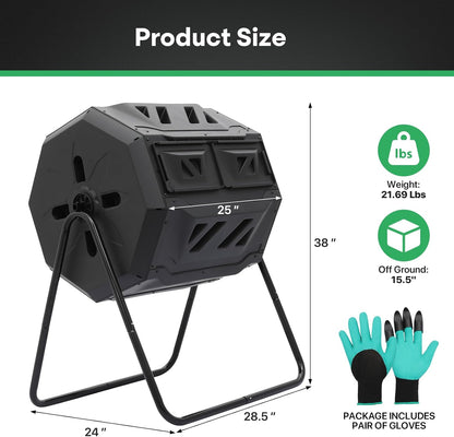 Athena Collection Compost Tumbler, 43 Gallons Dual Composter Chamber Outdoor, Easy Turn & Fast Rotating Compost Bins with 2 Sliding Doors, Easy Assembly, for Garden, Yard and Outdoor Use