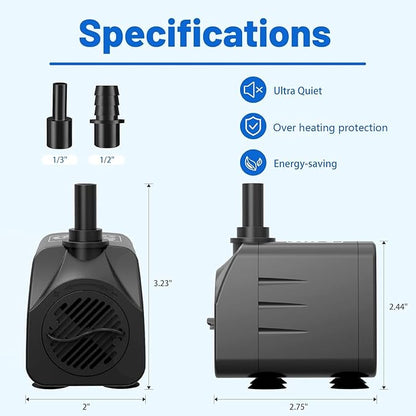 200GPH Submersible Water Pump(750L/H,16W),Ultra Quiet Fountain Pump with 5.2ft. High Lift,Pond Pump for Fish Tank, Pond, Aquarium, Statuary, Hydroponics.