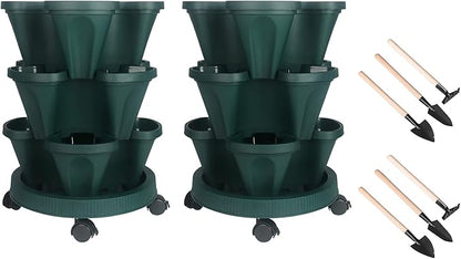 Vertical Planter 3 Tier Stackable Planters Garden Planters Strawberry Herb Flower and Vegetable Planter Indoor Outdoor Gardening Pots with Removable Wheels and Tools 2-Pack
